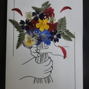 Carte «Les grands maîtres revisités: Picasso» avec fleurs pressées