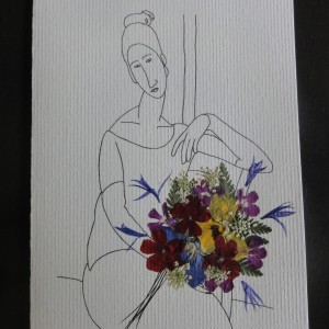 Carte «Les grands maîtres revisités: Modigliani» avec fleurs pressées