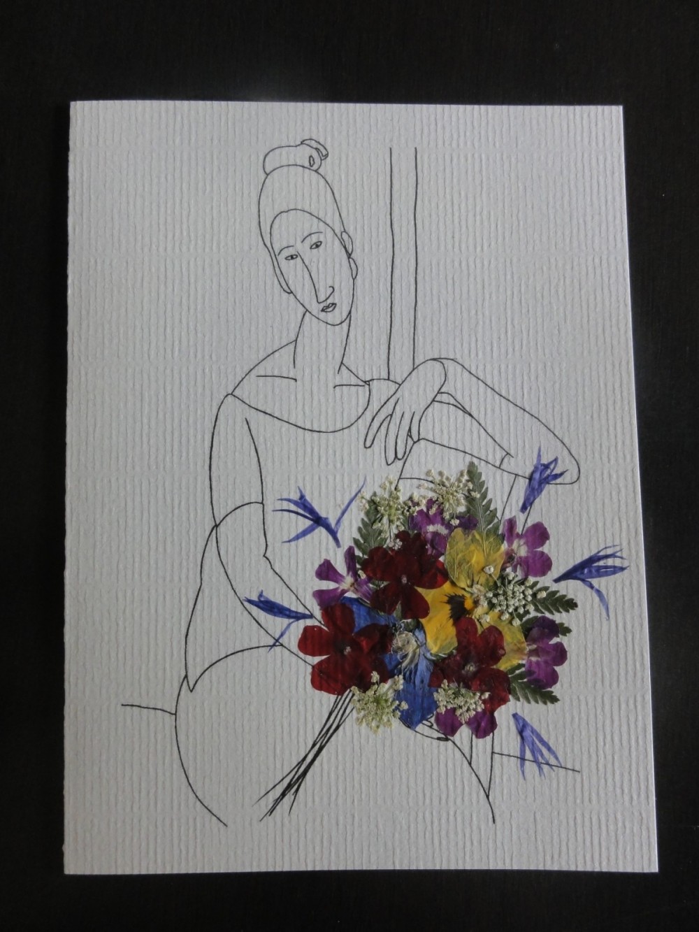 Carte «Les grands maîtres revisités: Modigliani» avec fleurs pressées